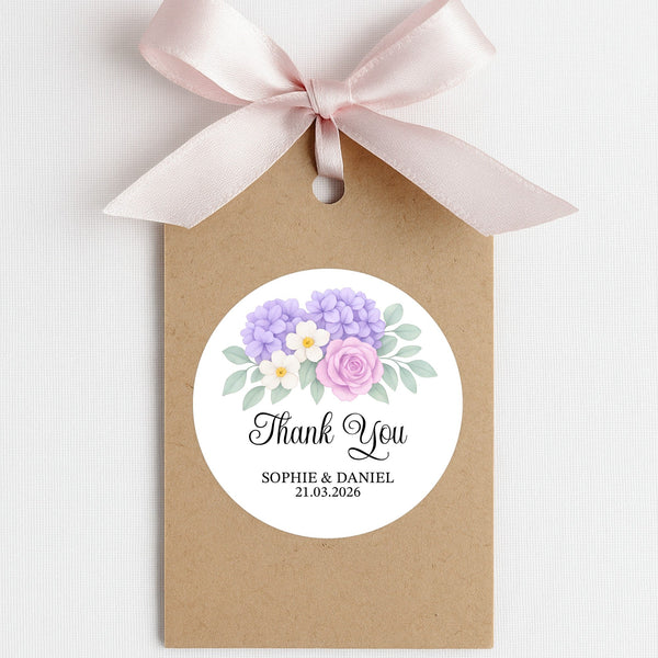 Personalised Wedding Thank You Stickers | Lavender Hydrangea & Lilac Rose Floral Design