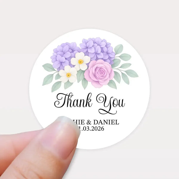 Personalised Wedding Thank You Stickers | Lavender Hydrangea & Lilac Rose Floral Design - Sticksy Prints Australia