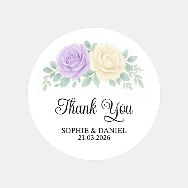 Personalised Wedding Thank You Stickers | Lavender & Ivory Rose Floral Design