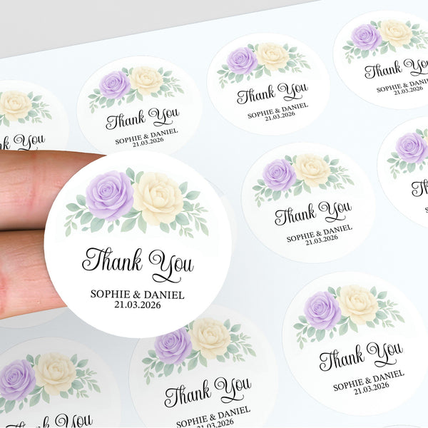 Personalised Wedding Thank You Stickers | Lavender & Ivory Rose Floral Design