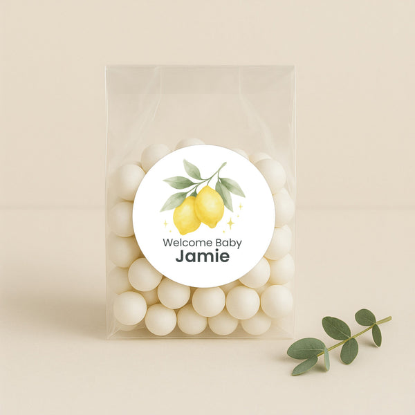 Personalised Welcome Baby Lemon Stickers – Watercolour Citrus Gender-Neutral Favour Labels