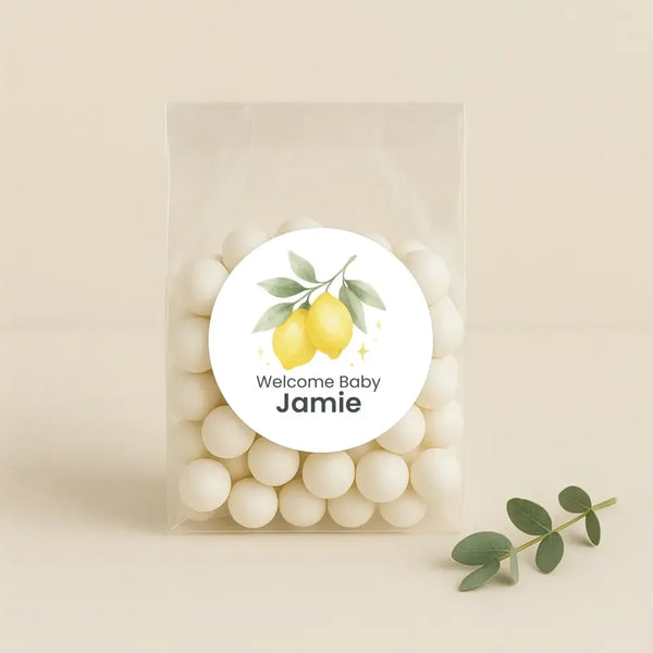 Personalised Welcome Baby Lemon Stickers – Watercolour Citrus Gender-Neutral Favour Labels - Sticksy Prints Australia