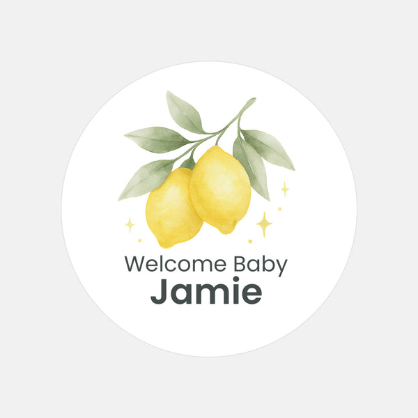 Personalised Welcome Baby Lemon Stickers – Watercolour Citrus Gender-Neutral Favour Labels