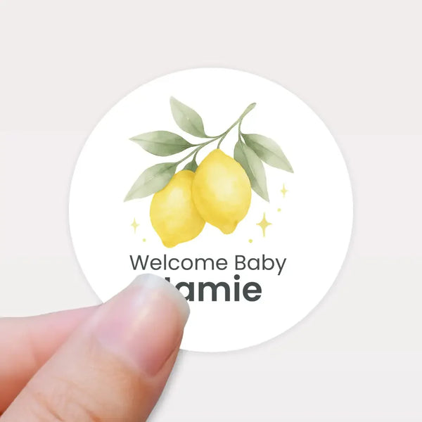 Personalised Welcome Baby Lemon Stickers – Watercolour Citrus Gender-Neutral Favour Labels - Sticksy Prints Australia