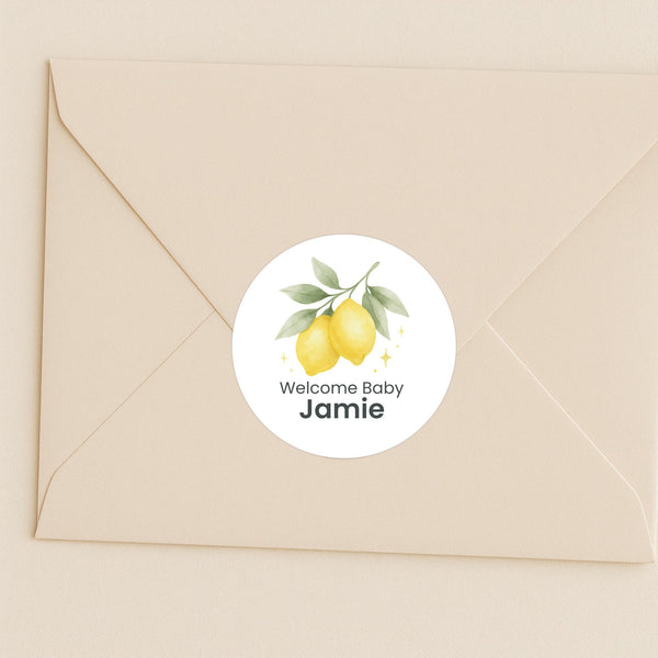 Personalised Welcome Baby Lemon Stickers – Watercolour Citrus Gender-Neutral Favour Labels