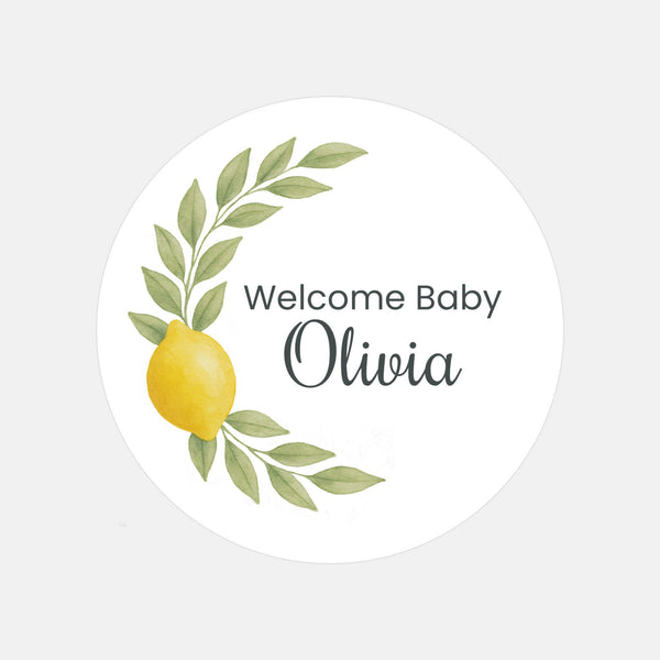 Personalised Welcome Baby Lemon Stickers with Greenery – Watercolour Citrus Favour Labels