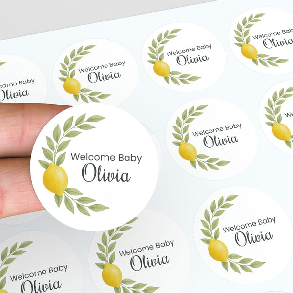 Personalised Welcome Baby Lemon Stickers with Greenery – Watercolour Citrus Favour Labels