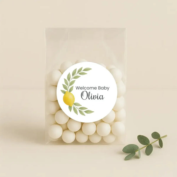 Personalised Welcome Baby Lemon Stickers with Greenery – Watercolour Citrus Favour Labels - Sticksy Prints Australia