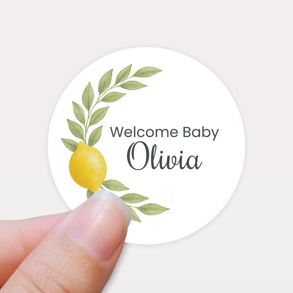 Personalised Welcome Baby Lemon Stickers with Greenery – Watercolour Citrus Favour Labels