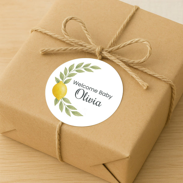 Personalised Welcome Baby Lemon Stickers with Greenery – Watercolour Citrus Favour Labels