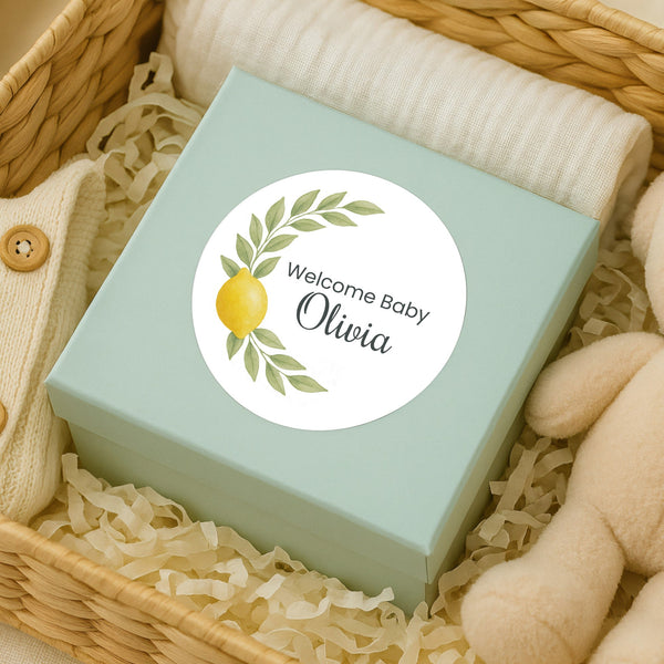 Personalised Welcome Baby Lemon Stickers with Greenery – Watercolour Citrus Favour Labels