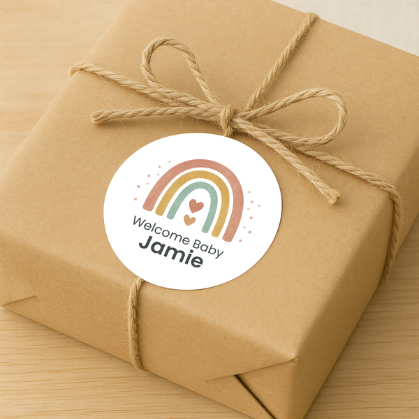 Personalised Welcome Baby Rainbow Stickers – Scandi Pastel Gender-Neutral Favour Labels