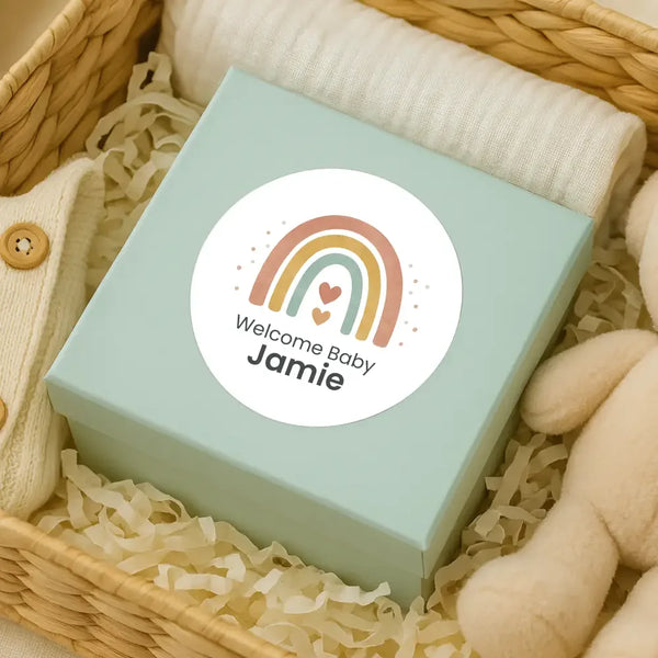 Personalised Welcome Baby Rainbow Stickers – Scandi Pastel Gender-Neutral Favour Labels - Sticksy Prints Australia