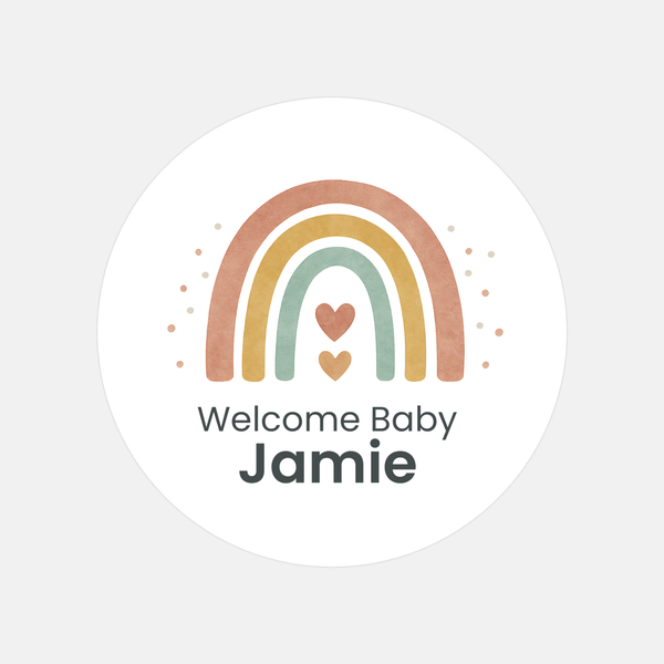 Personalised Welcome Baby Rainbow Stickers – Scandi Pastel Gender-Neutral Favour Labels