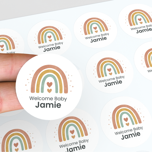 Personalised Welcome Baby Rainbow Stickers – Scandi Pastel Gender-Neutral Favour Labels
