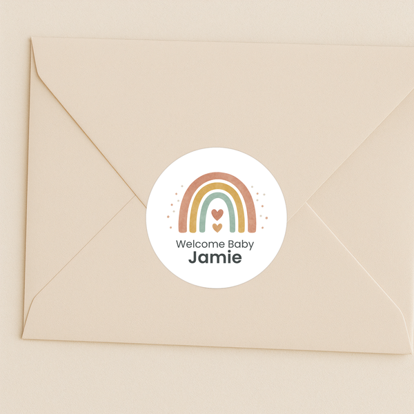 Personalised Welcome Baby Rainbow Stickers – Scandi Pastel Gender-Neutral Favour Labels
