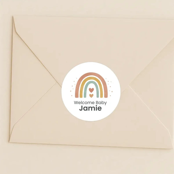 Personalised Welcome Baby Rainbow Stickers – Scandi Pastel Gender-Neutral Favour Labels - Sticksy Prints Australia
