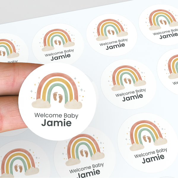 Personalised Welcome Baby Rainbow Stickers with Footprints – Scandi Pastel Gender-Neutral Favour Labels