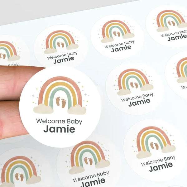 Personalised Welcome Baby Rainbow Stickers with Footprints – Scandi Pastel Gender-Neutral Favour Labels - Sticksy Prints Australia