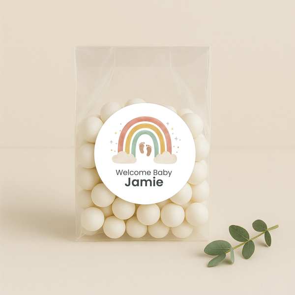 Personalised Welcome Baby Rainbow Stickers with Footprints – Scandi Pastel Gender-Neutral Favour Labels