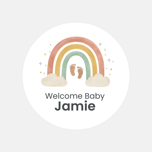 Personalised Welcome Baby Rainbow Stickers with Footprints – Scandi Pastel Gender-Neutral Favour Labels