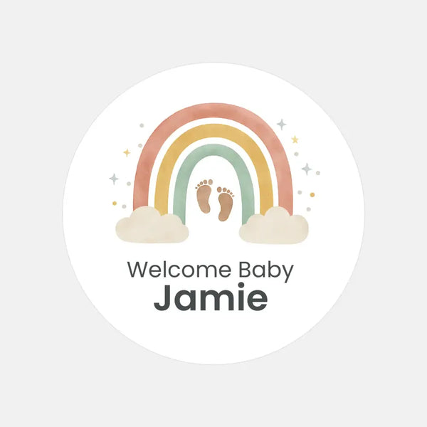 Personalised Welcome Baby Rainbow Stickers with Footprints – Scandi Pastel Gender-Neutral Favour Labels - Sticksy Prints Australia