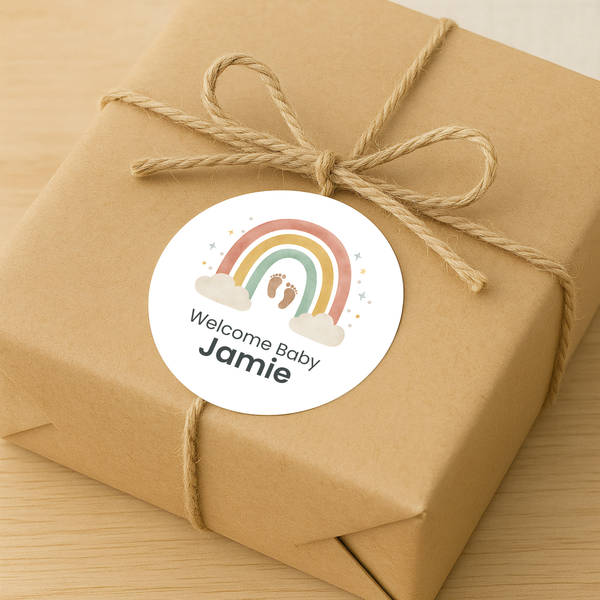 Personalised Welcome Baby Rainbow Stickers with Footprints – Scandi Pastel Gender-Neutral Favour Labels