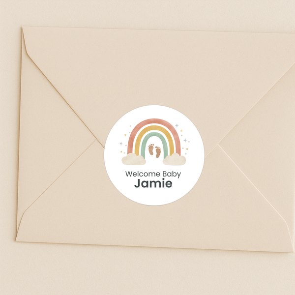Personalised Welcome Baby Rainbow Stickers with Footprints – Scandi Pastel Gender-Neutral Favour Labels