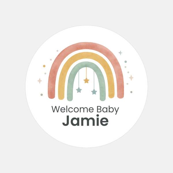 Personalised Welcome Baby Rainbow Stickers with Hanging Stars – Scandi Pastel Gender-Neutral Favour Labels