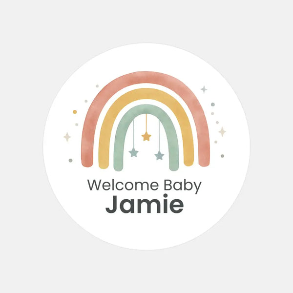 Personalised Welcome Baby Rainbow Stickers with Hanging Stars – Scandi Pastel Gender-Neutral Favour Labels - Sticksy Prints Australia