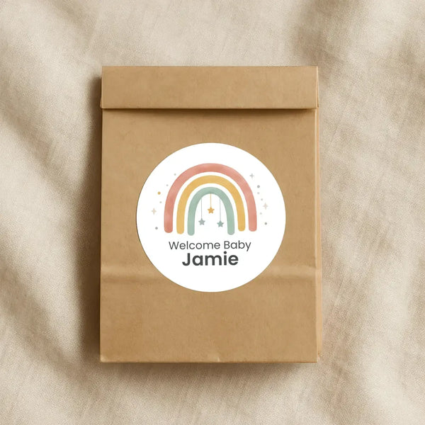 Personalised Welcome Baby Rainbow Stickers with Hanging Stars – Scandi Pastel Gender-Neutral Favour Labels - Sticksy Prints Australia