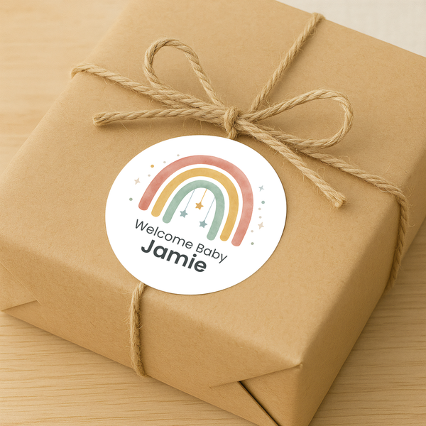 Personalised Welcome Baby Rainbow Stickers with Hanging Stars – Scandi Pastel Gender-Neutral Favour Labels