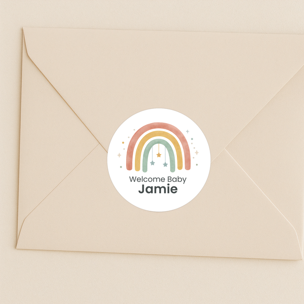 Personalised Welcome Baby Rainbow Stickers with Hanging Stars – Scandi Pastel Gender-Neutral Favour Labels