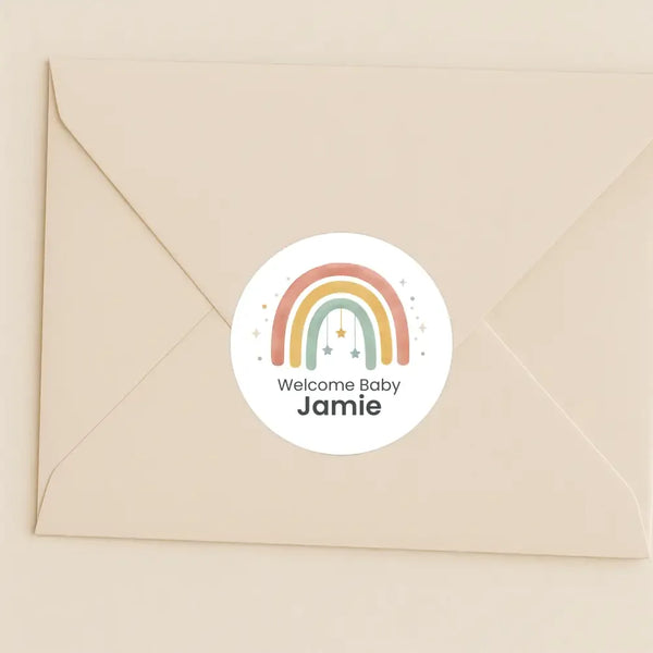 Personalised Welcome Baby Rainbow Stickers with Hanging Stars – Scandi Pastel Gender-Neutral Favour Labels - Sticksy Prints Australia