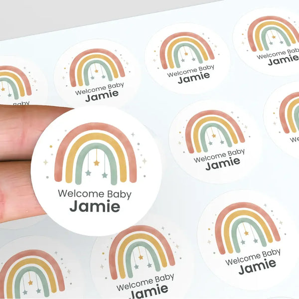 Personalised Welcome Baby Rainbow Stickers with Hanging Stars – Scandi Pastel Gender-Neutral Favour Labels - Sticksy Prints Australia