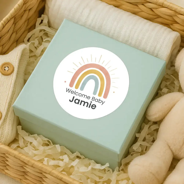 Personalised Welcome Baby Rainbow Stickers with Sunshine Rays – Scandi Pastel Gender-Neutral Favour Labels - Sticksy Prints Australia