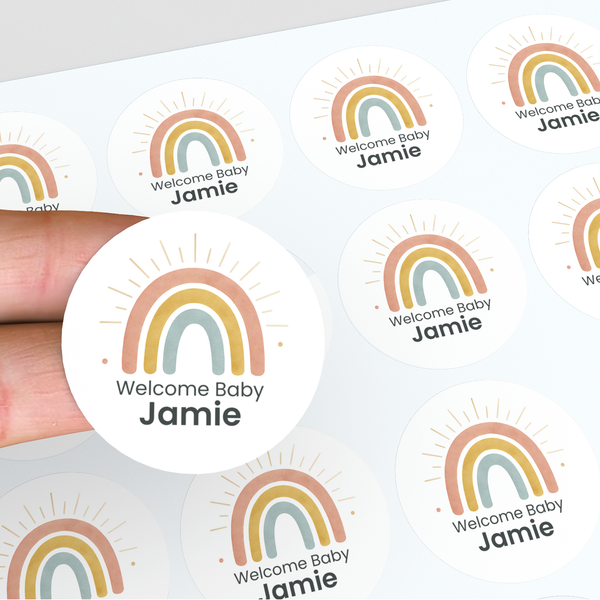 Personalised Welcome Baby Rainbow Stickers with Sunshine Rays – Scandi Pastel Gender-Neutral Favour Labels