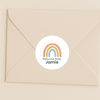 Personalised Welcome Baby Rainbow Stickers with Sunshine Rays – Scandi Pastel Gender-Neutral Favour Labels