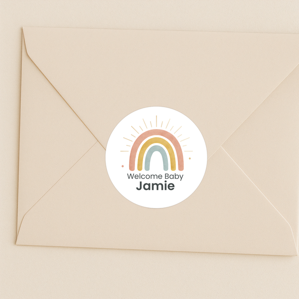 Personalised Welcome Baby Rainbow Stickers with Sunshine Rays – Scandi Pastel Gender-Neutral Favour Labels