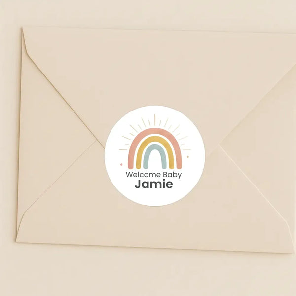 Personalised Welcome Baby Rainbow Stickers with Sunshine Rays – Scandi Pastel Gender-Neutral Favour Labels - Sticksy Prints Australia