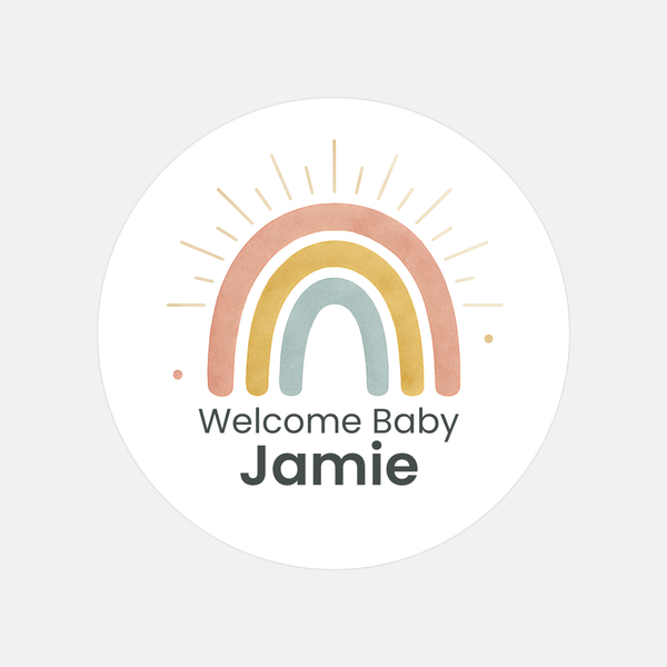 Personalised Welcome Baby Rainbow Stickers with Sunshine Rays – Scandi Pastel Gender-Neutral Favour Labels