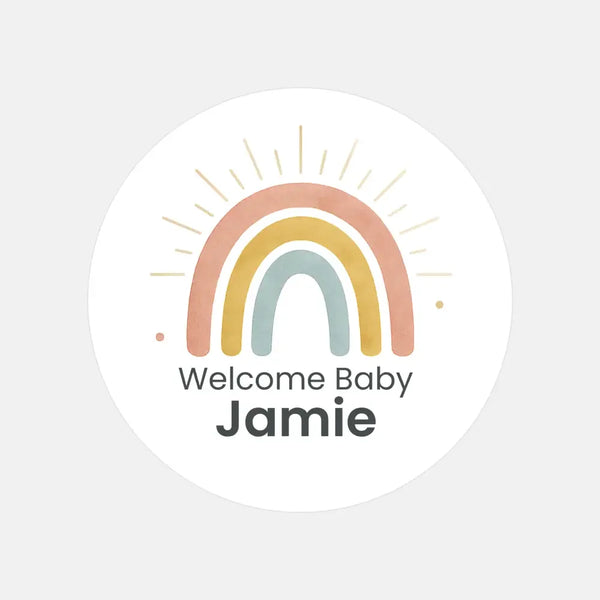 Personalised Welcome Baby Rainbow Stickers with Sunshine Rays – Scandi Pastel Gender-Neutral Favour Labels - Sticksy Prints Australia