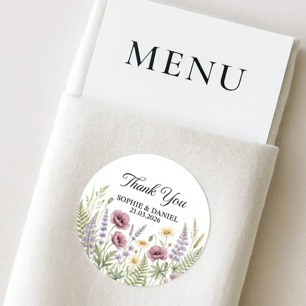 Personalised Wildflower Wedding Thank You Stickers | Rustic Meadow Favour Labels - Sticksy Prints Australia