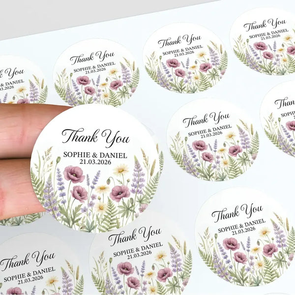 Personalised Wildflower Wedding Thank You Stickers | Rustic Meadow Favour Labels - Sticksy Prints Australia