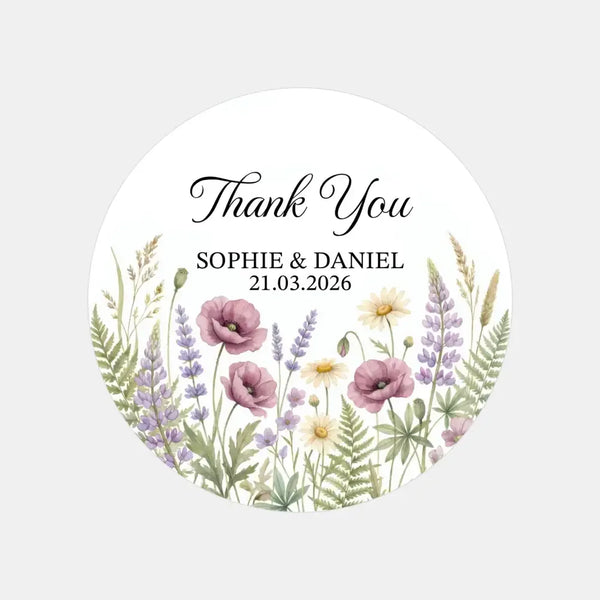 Personalised Wildflower Wedding Thank You Stickers | Rustic Meadow Favour Labels - Sticksy Prints Australia