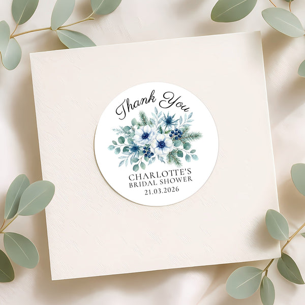 Personalised Winter Blue Bridal Shower Thank You Stickers – Custom Name & Date – Watercolour Floral Favour Labels