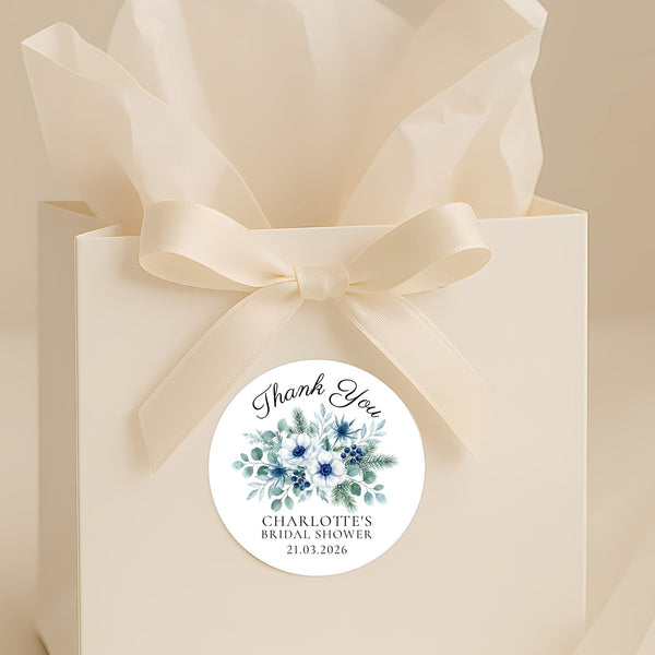 Personalised Winter Blue Bridal Shower Thank You Stickers – Custom Name & Date – Watercolour Floral Favour Labels