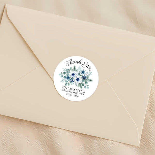 Personalised Winter Blue Bridal Shower Thank You Stickers – Custom Name & Date – Watercolour Floral Favour Labels