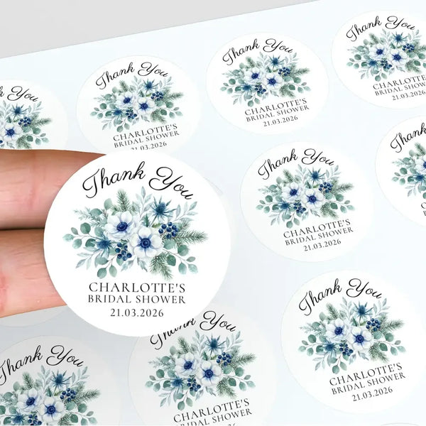 Personalised Winter Blue Bridal Shower Thank You Stickers – Custom Name & Date – Watercolour Floral Favour Labels - Sticksy Prints Australia