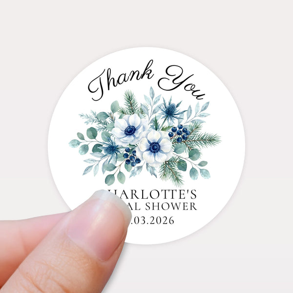 Personalised Winter Blue Bridal Shower Thank You Stickers – Custom Name & Date – Watercolour Floral Favour Labels